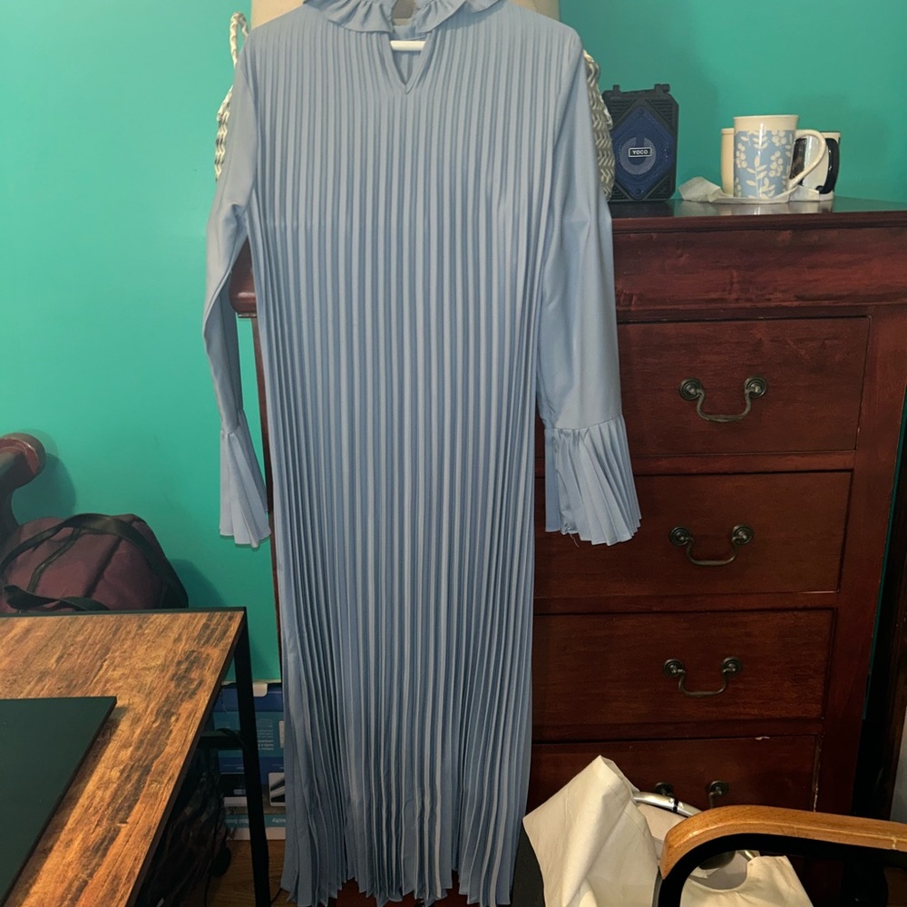 SHEIN Light Blue Pleated Long Sleeve Dress